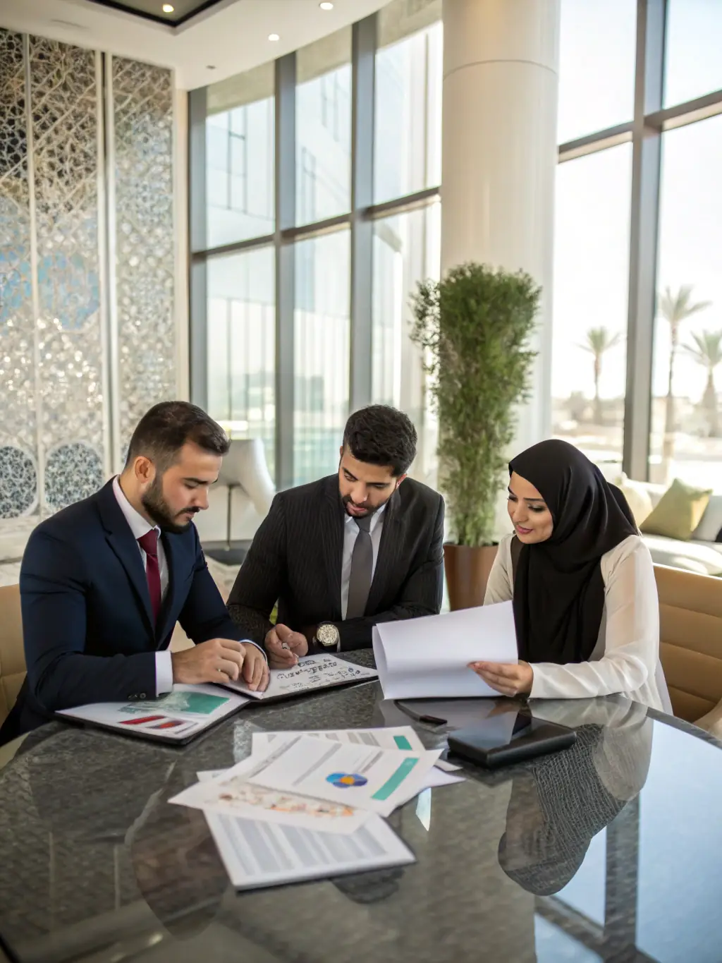 Two professionals in a modern office setting, engaged in a negotiation simulation, practicing strategies for financial growth.
