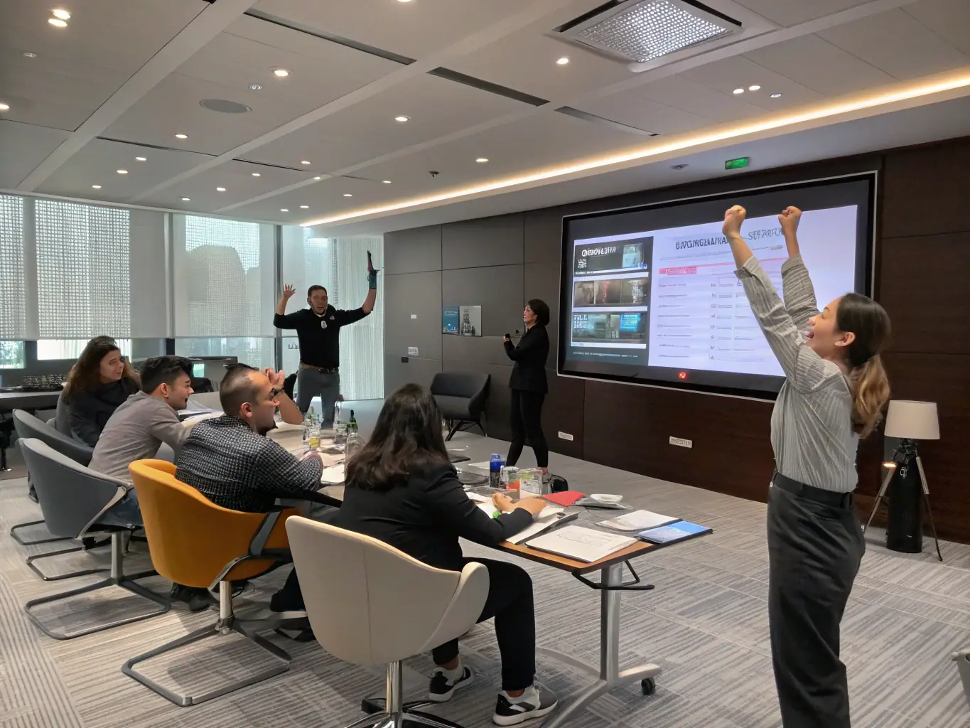 A diverse group of professionals are participating in a negotiation skills workshop, actively engaging in role-playing exercises and collaborative problem-solving.