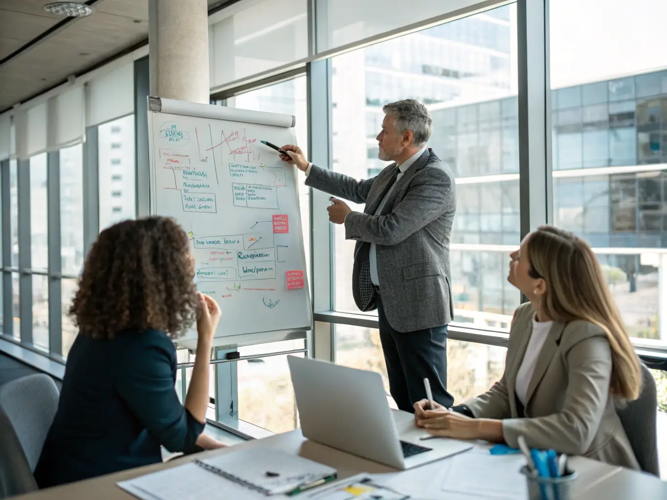 A professional business coach is guiding a client through a negotiation simulation, providing real-time feedback and strategic advice in a modern office setting.